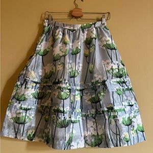 Vintage Light Blue Floral A-Line Midi Skirt with Green Bloom Print